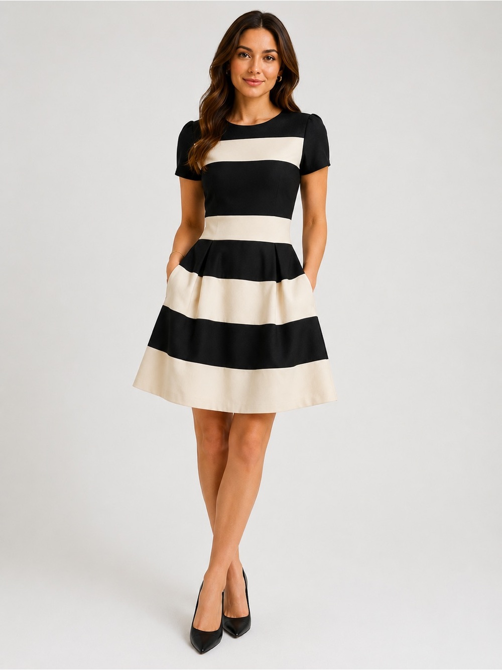 B Darlin Black and Cream Striped Fit-and-Flare Mini Dress